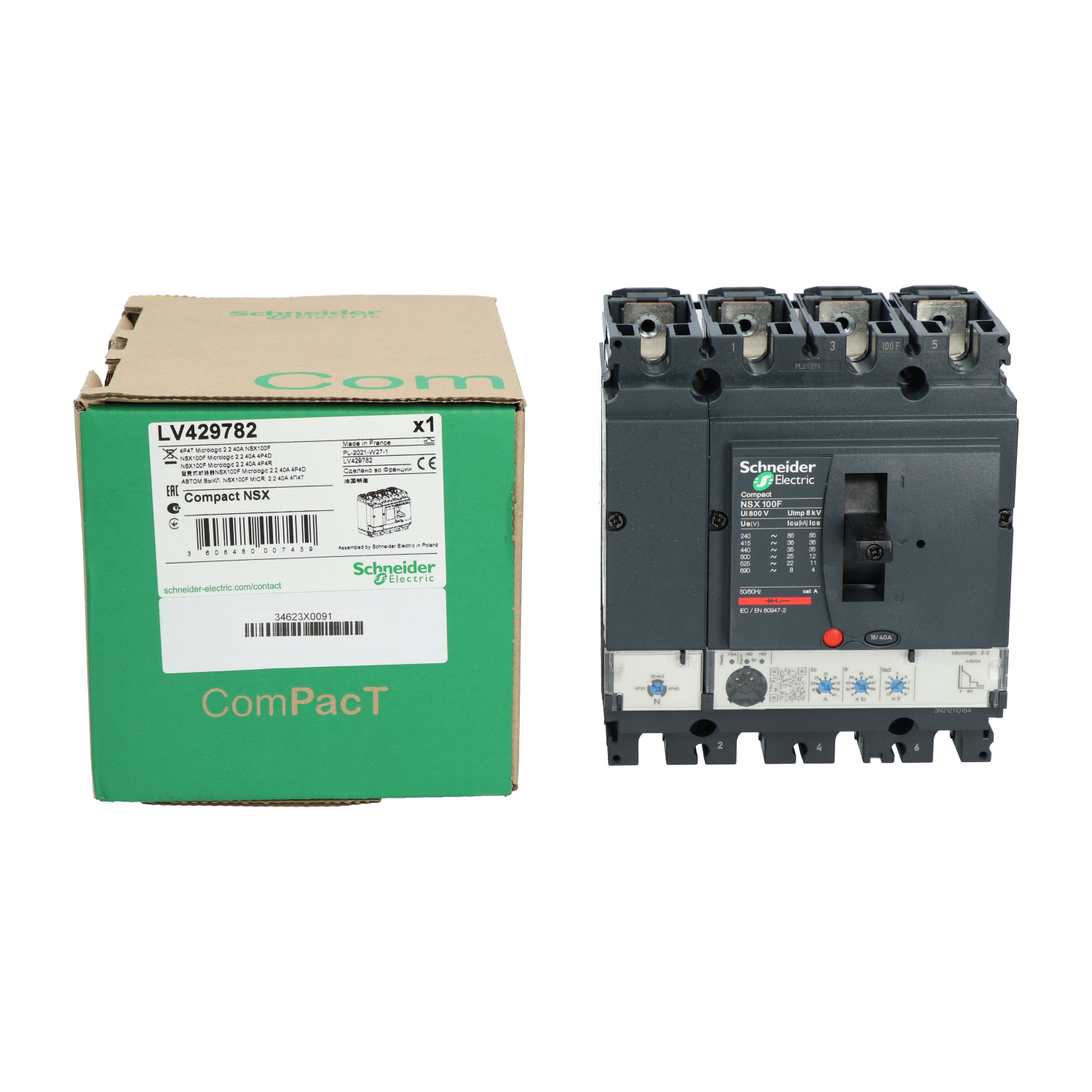 Schneider Electric LV429782 ComPact NSX100F 4P Breaker, MicroLogic 2.2 New NFP