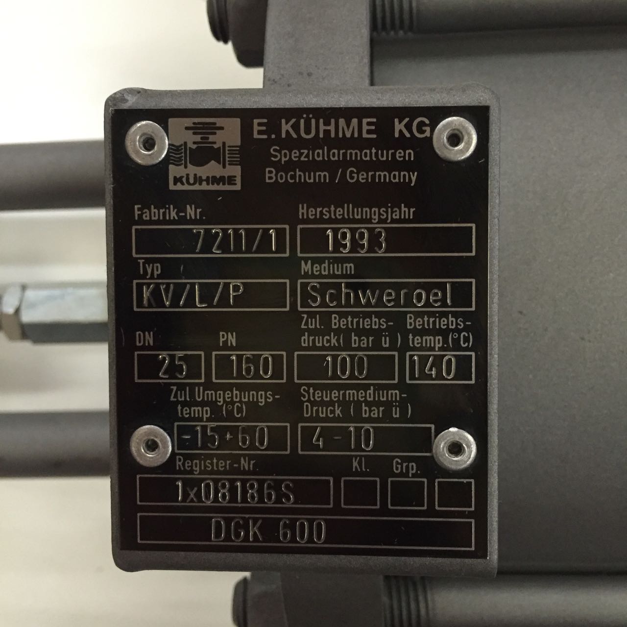 Kuhme DGK600 Process Valve Type KV/L/P DN25 PN160 Fuel Oil NMP