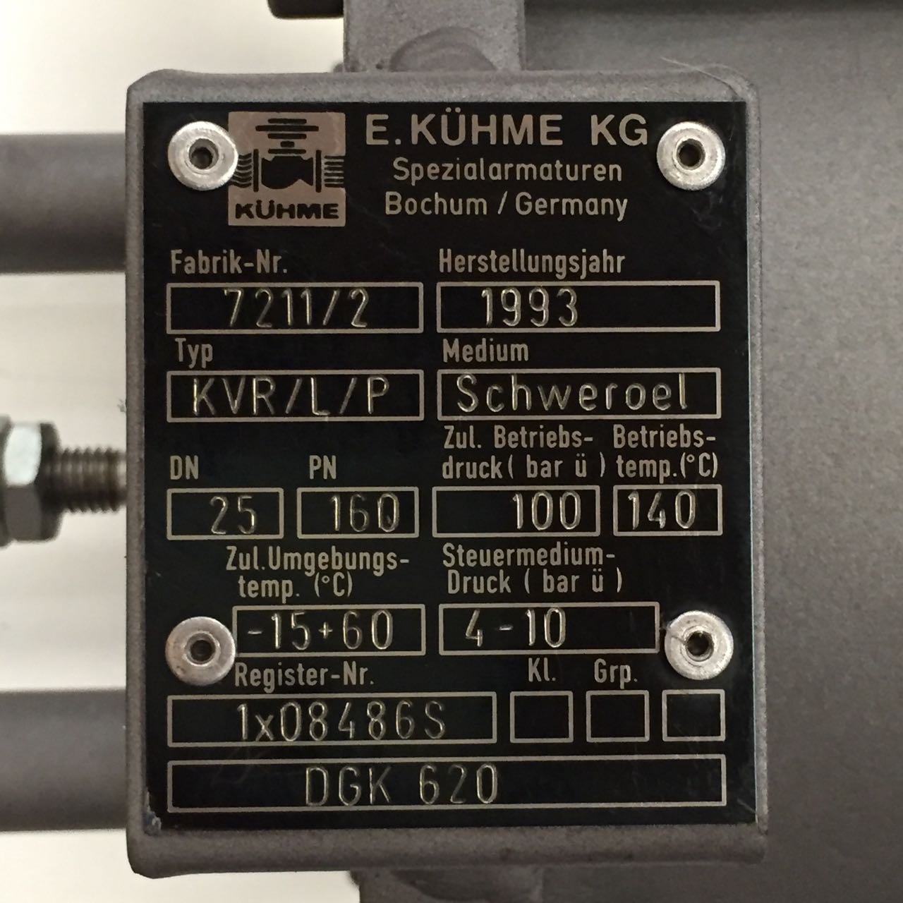 Kuhme DGK620 Process Valve Type KVR/L/P DN25 PN160 Fuel Oil NMP