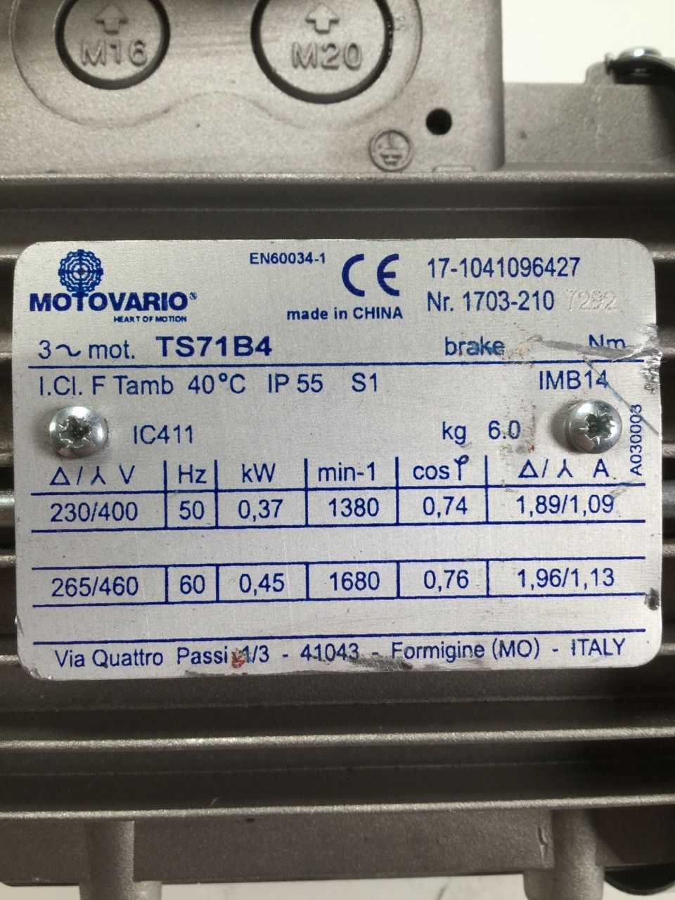 Motovario TS71B4 B14 714P 3Phase Motor 0,37kW 230/400V B14 1500rpm