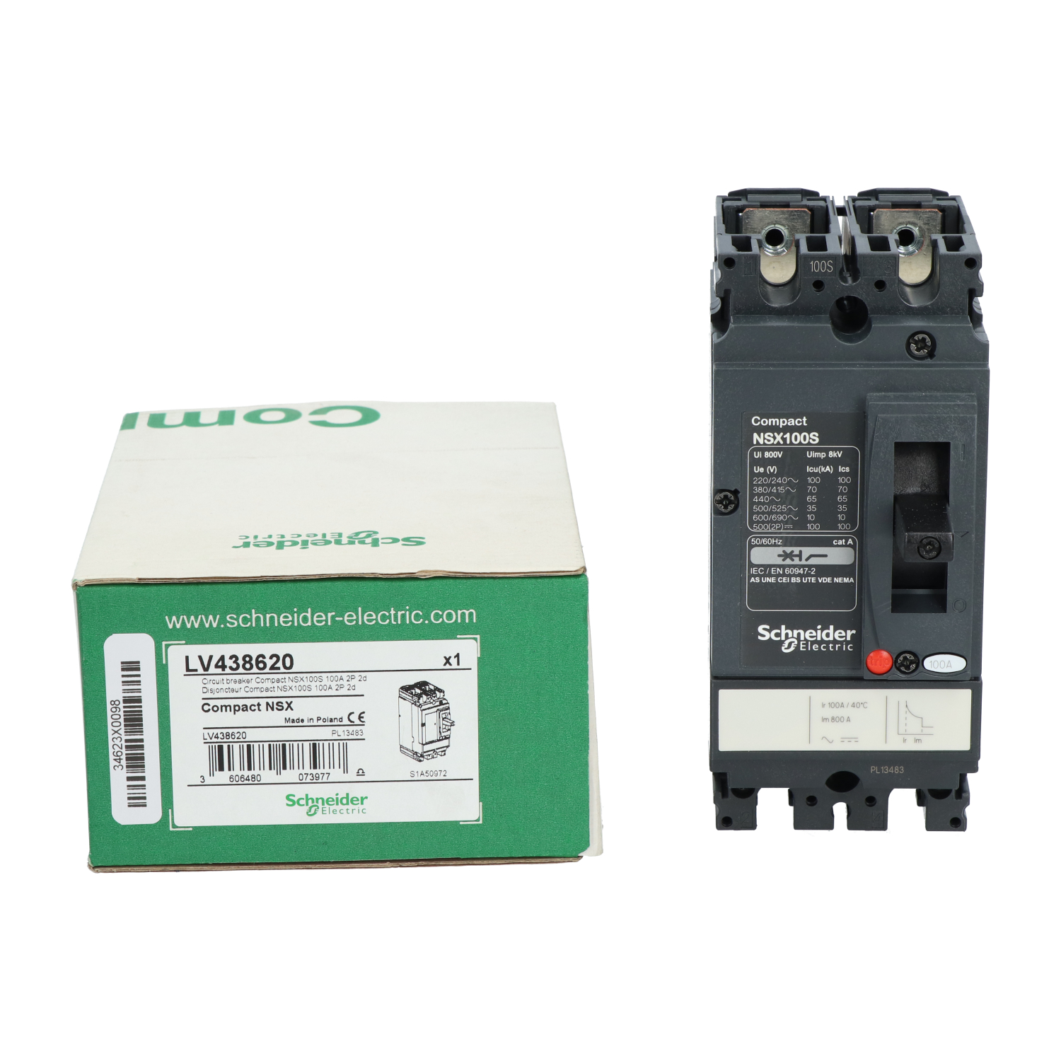 Schneider Electric LV438620 ComPact NSX100S 2P Breaker, TMD Trip Unit New NFP