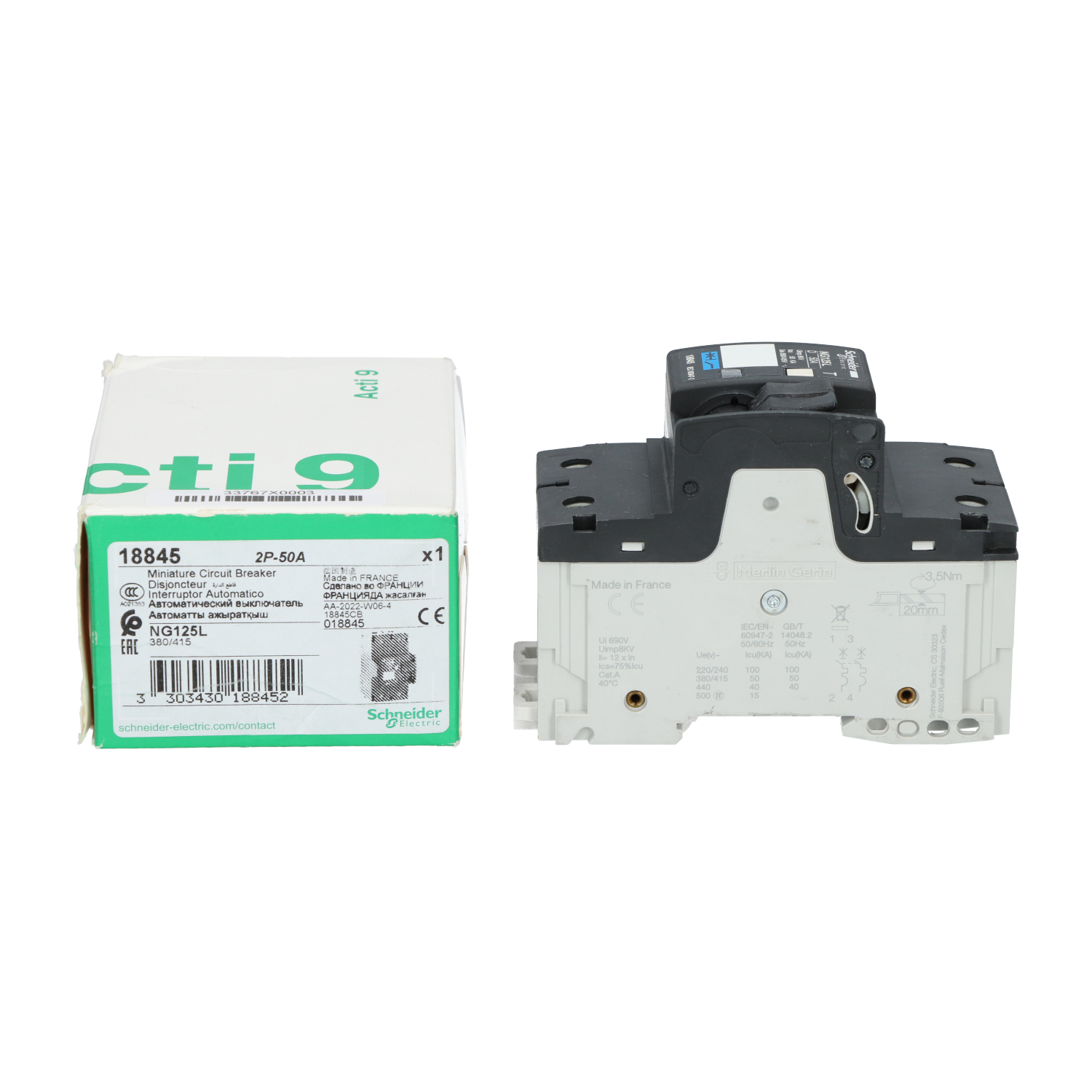 Schneider Electric 18845 Miniature Circuit Breaker 2P, 50A New NFP