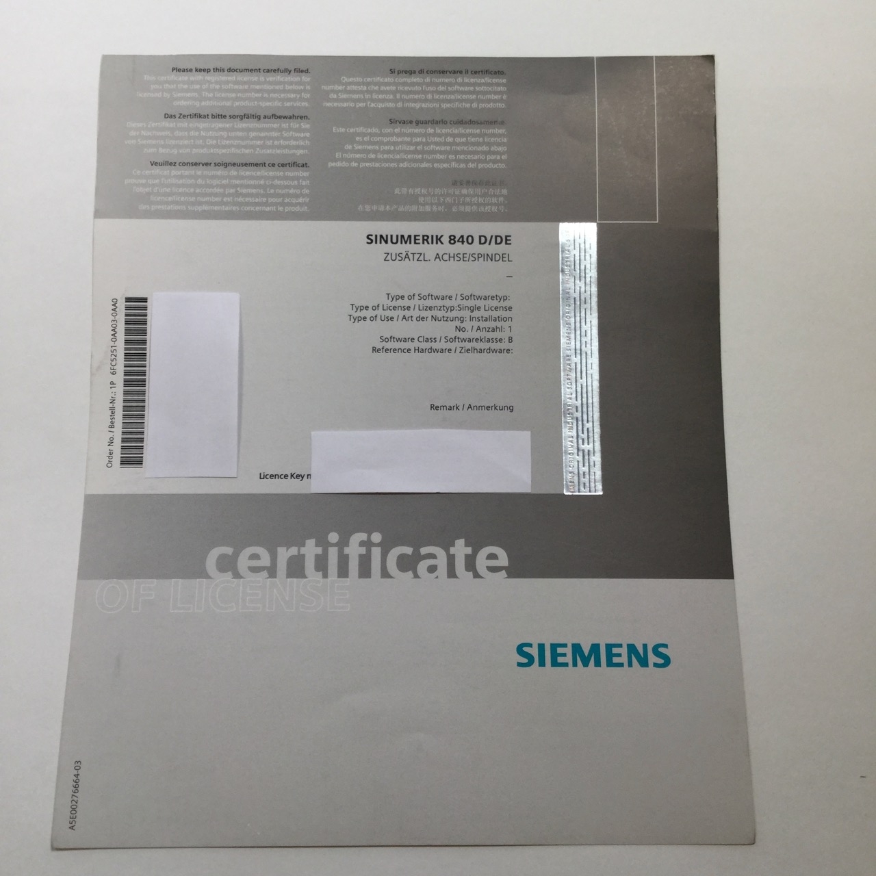 Siemens 6FC5251-0AA03-0AA0 Sinumerik License only 840 D/DE New NMP