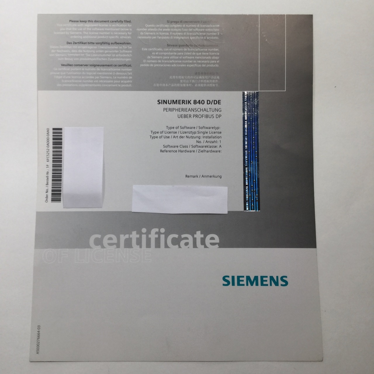 Siemens 6FC5252-0AD00-0AA0 Sinumerik License only 840 D / DE New NMP