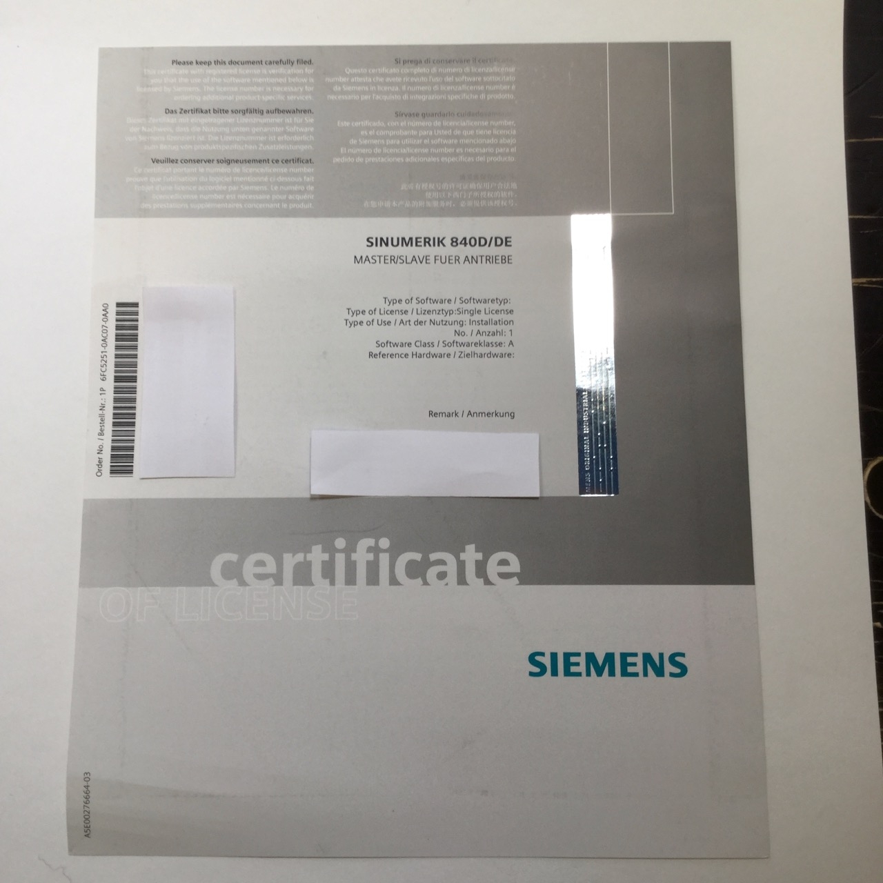 Siemens 6FC5251-0AC07-0AA0 Sinumerik License only 840D/DE New NMP