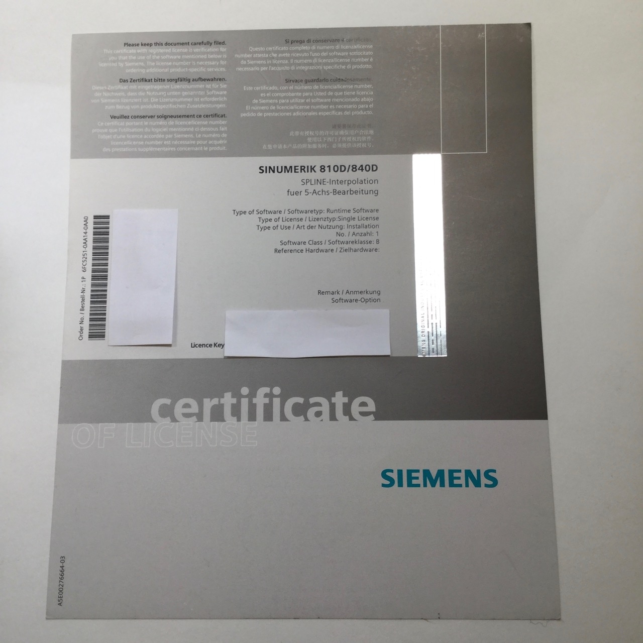 Siemens 6FC5251-0AA14-0AA0 Sinumerik License only 810D/840D New NMP