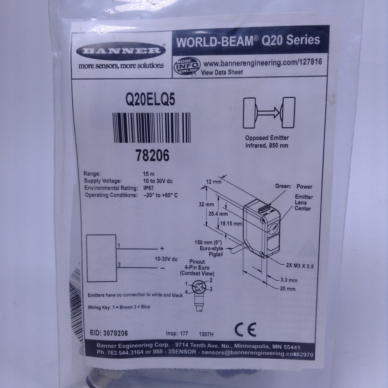 Banner Q20ELQ5 Long Range Emitter 15m Lichtsender 78206 NFP