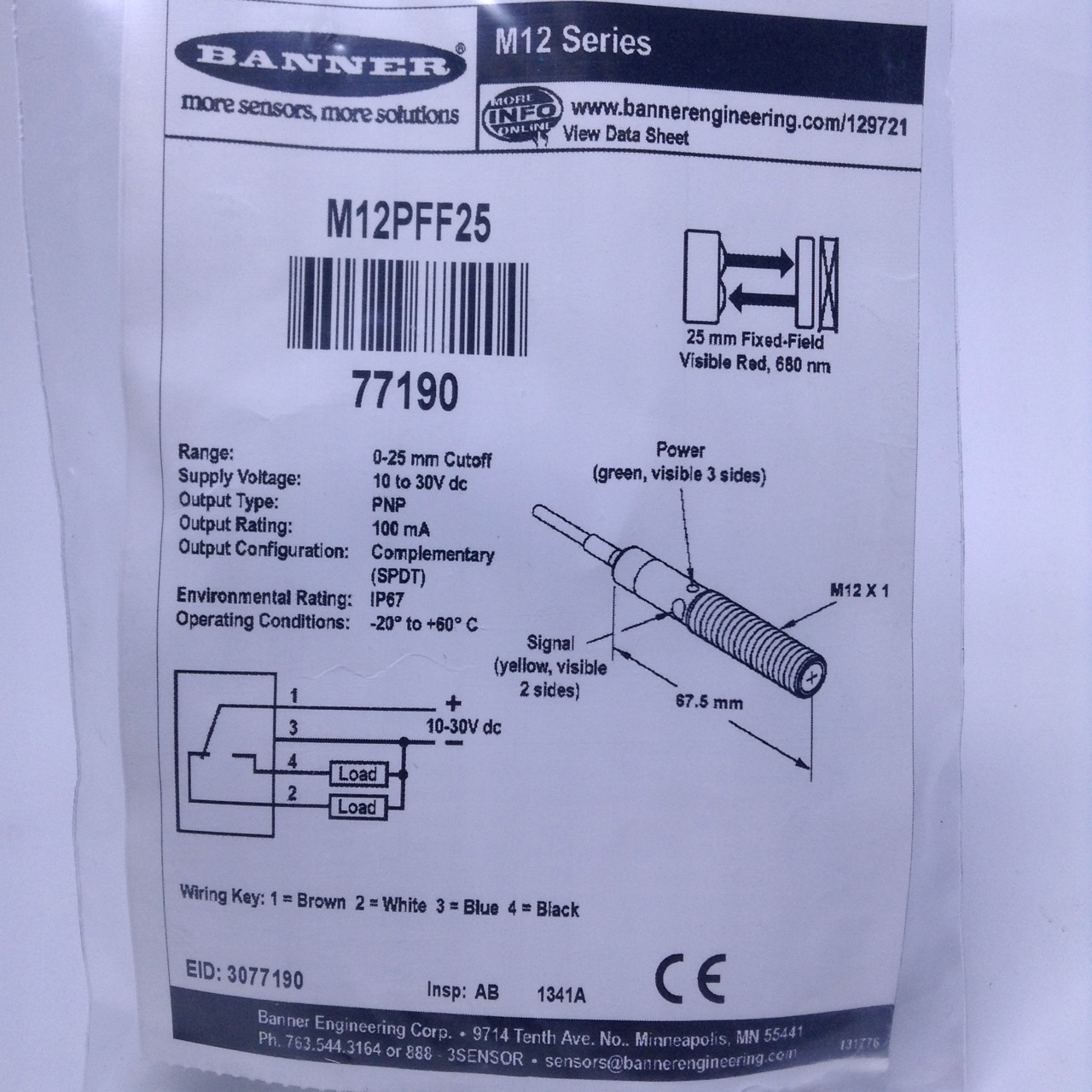 Banner M12PFF25 Light Sensor Fotoelektrischer Sensor 77190 NFP