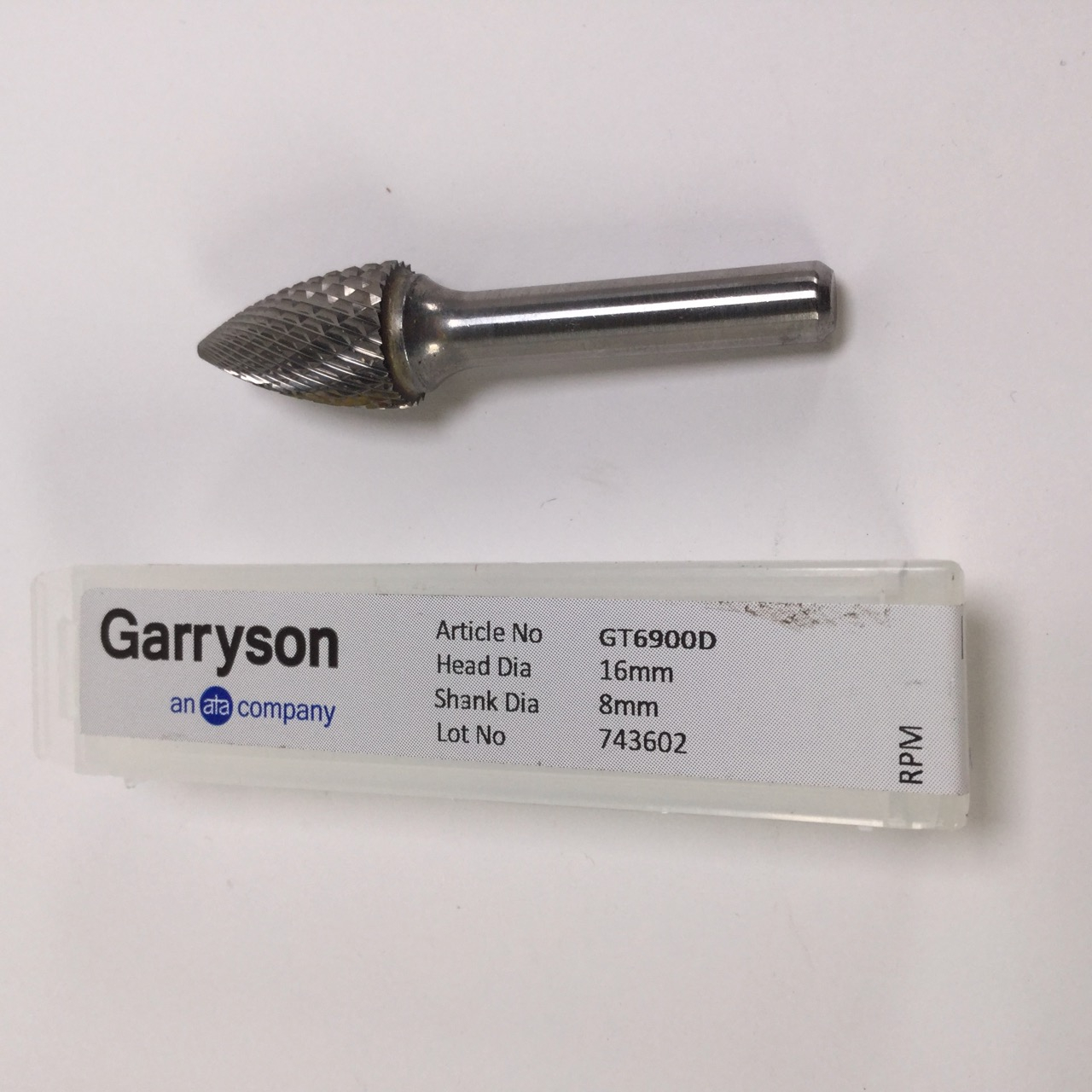 Garryson GT6900D Carbide Burrs 16mm head 8mm shank 743602 New NFP